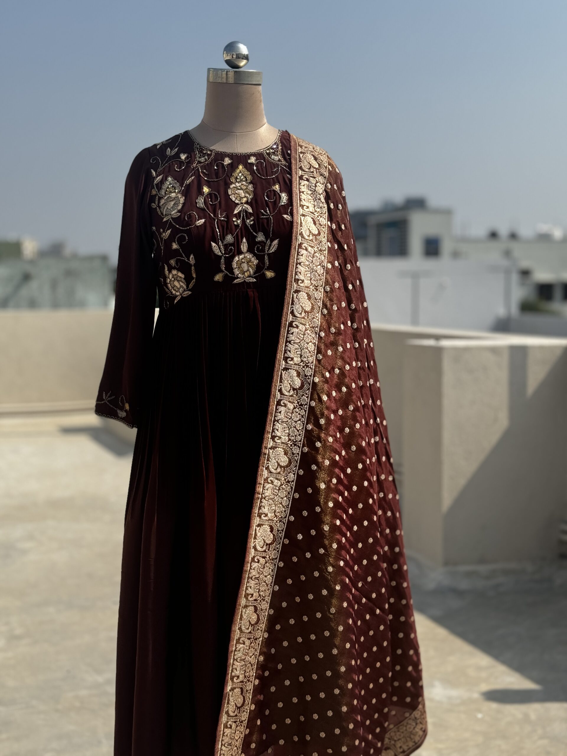 Chocolate Crepe Salwar With Hand Embroidered Yoke Chocolate Crepe Salwar With Hand Embroidered Yoke