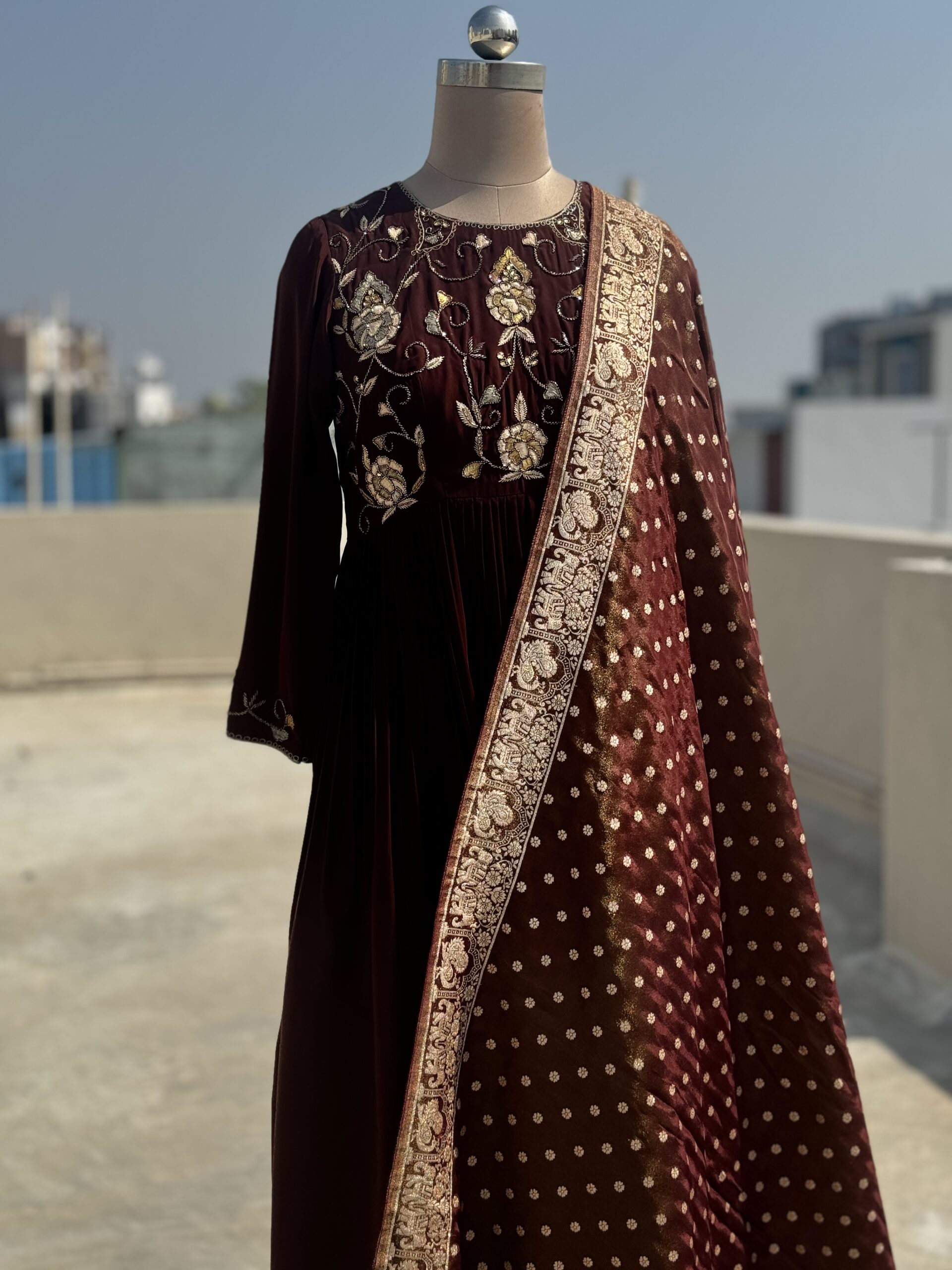 Chocolate Crepe Salwar With Hand Embroidered Yoke Chocolate Crepe Salwar With Hand Embroidered Yoke