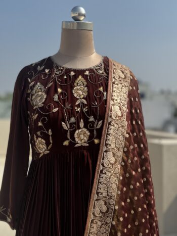 Chocolate Crepe Salwar With Hand Embroidered Yoke